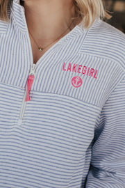 Zoomed on graphic for stripped quarter zip