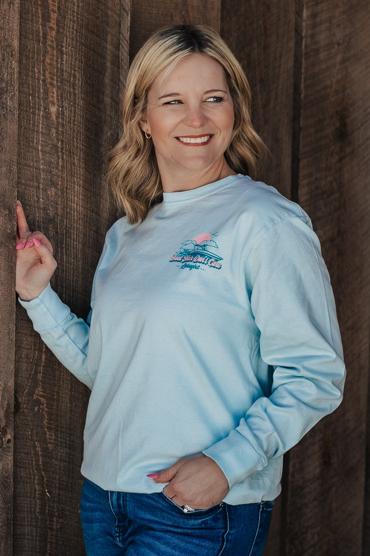 front of light blue long sleeve