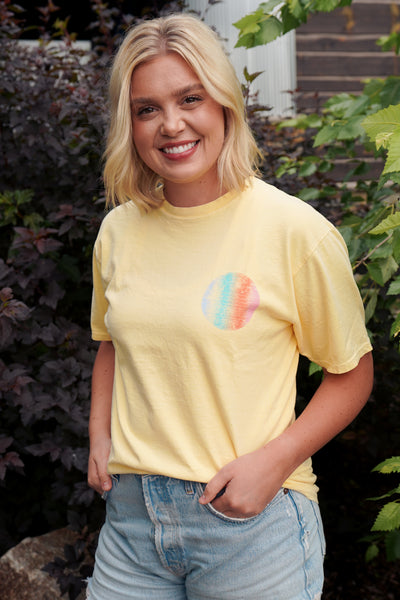 Showing front of butter colored t shirt