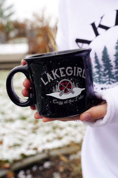 black ceramic mug with lakegirl design