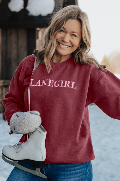Cranberry Lakegirl crewneck with an embroidered logo design