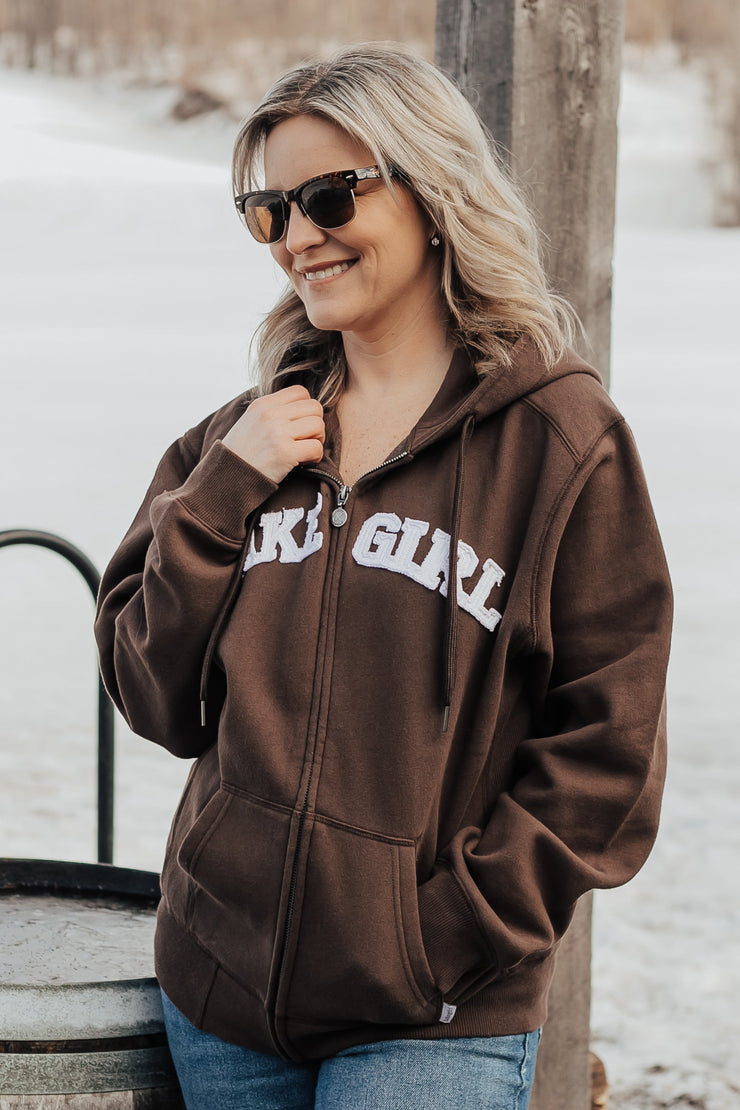 Chocolate full zip hoodie with lakegirl applique design