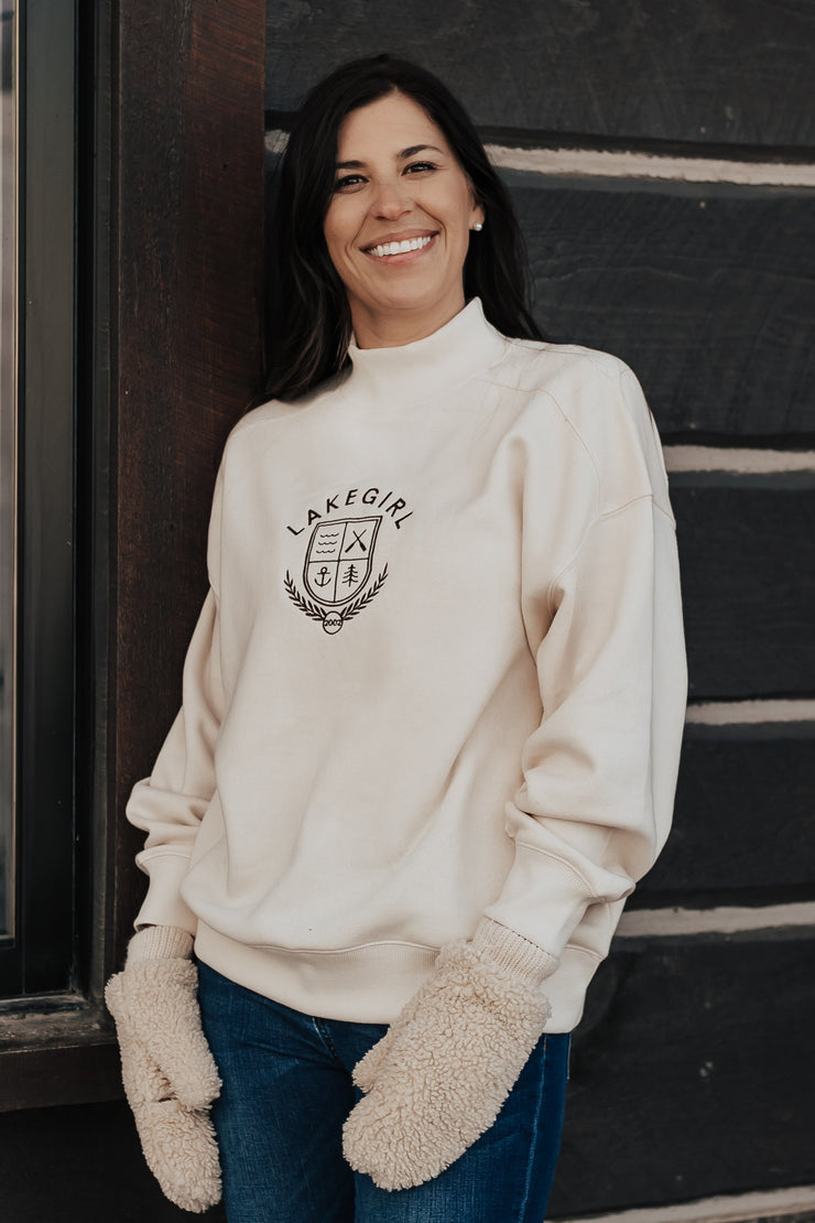 Ivory mock neck with embroidered lakegirl design