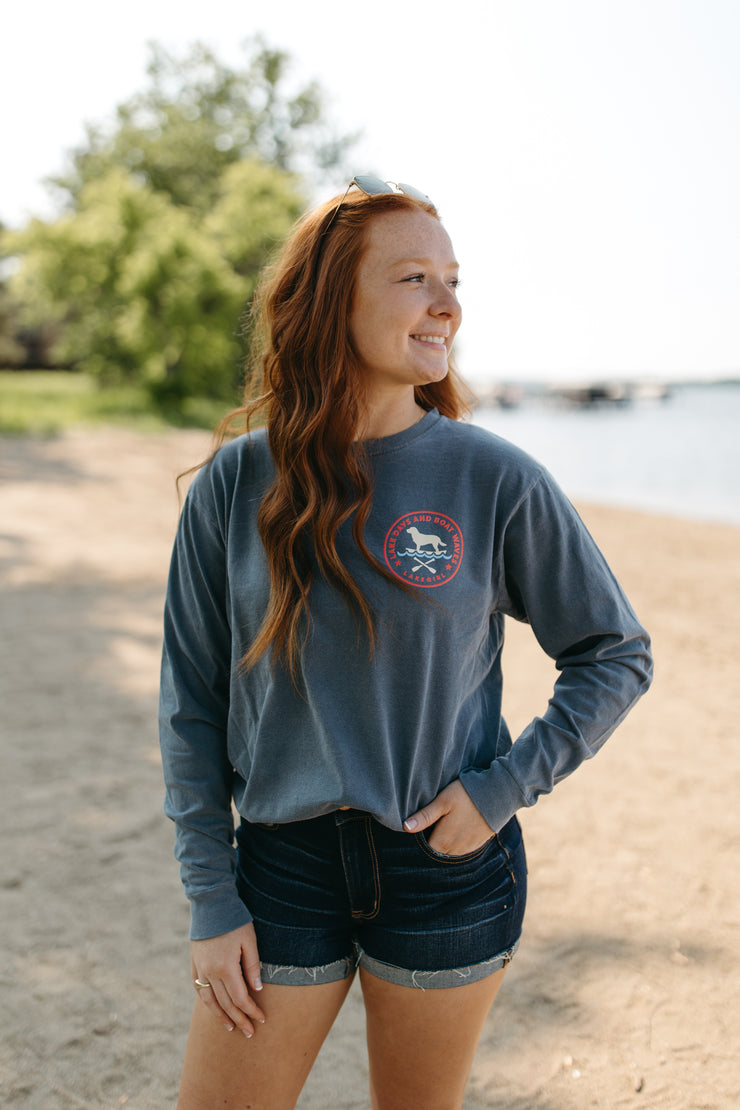 Model wearing pewter colored long sleeve