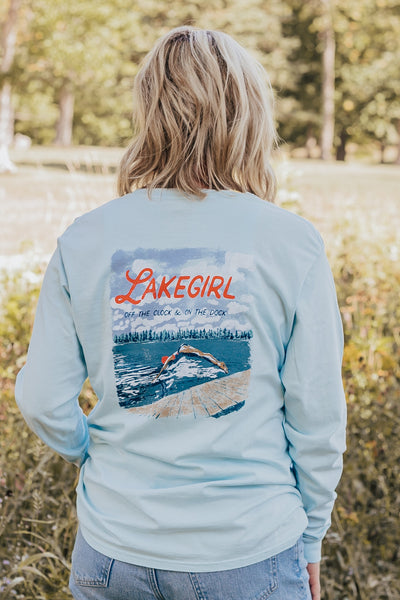 model wearing a long sleeve with a lakegirl design