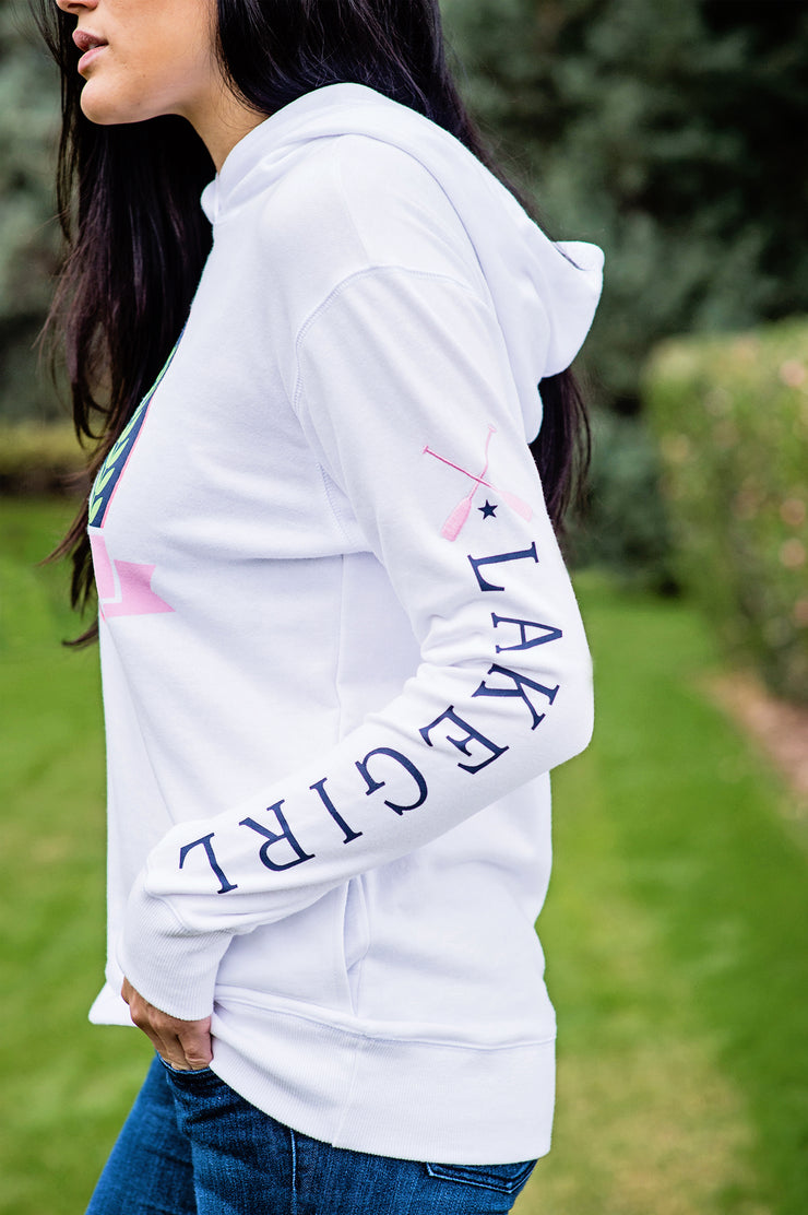 Lakegirl crossover hoodie in white french terry with our lily patch design. A great summer-weight hoodie perfect for evenings at the lake.
