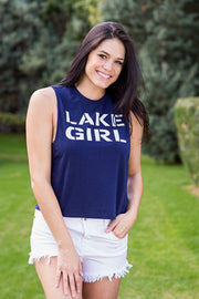 Lakegirl contemporary style tank top, navy with white print.