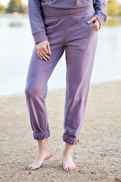 Lakegirl plum shadow french terry sweatpants with tonal embroidery. Soft and comfy, perfect for lounging at the lake.