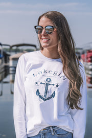 Lakegirl Always & Forever Anchor long sleeve t-shirt, women's relaxed fit, 100% cotton. Life is better at the Lake.