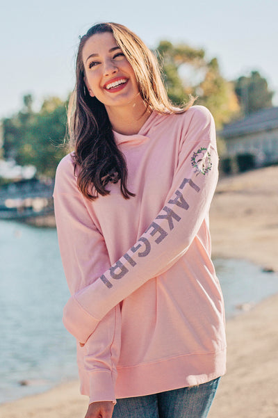Lakegirl crossover french terry hoodie in soft almond blossom pink. A great summer-weight hoodie perfect for evenings at the lake.