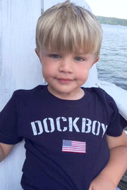 Dockboy by Lakegirl. Boy's short sleeve navy patriotic flag t-shirt.