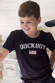 Dockboy by Lakegirl. Boy's short sleeve navy patriotic flag t-shirt.